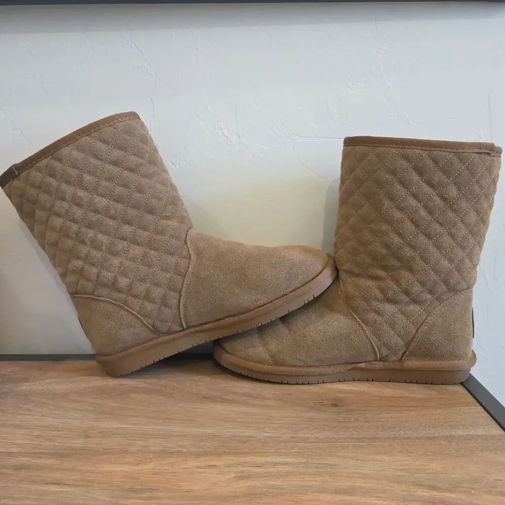 Bearpaw Quilted Suede Mid Calf Boots Women's 10 Brown Sheepskin Wool Lined